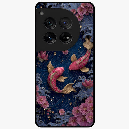 Koi Wave Dance Glass Case for 1+12 artistic front view featuring flowing koi fish artwork with wave patterns