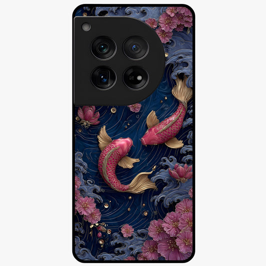 Koi Wave Dance Glass Case for 1+12 artistic front view featuring flowing koi fish artwork with wave patterns
