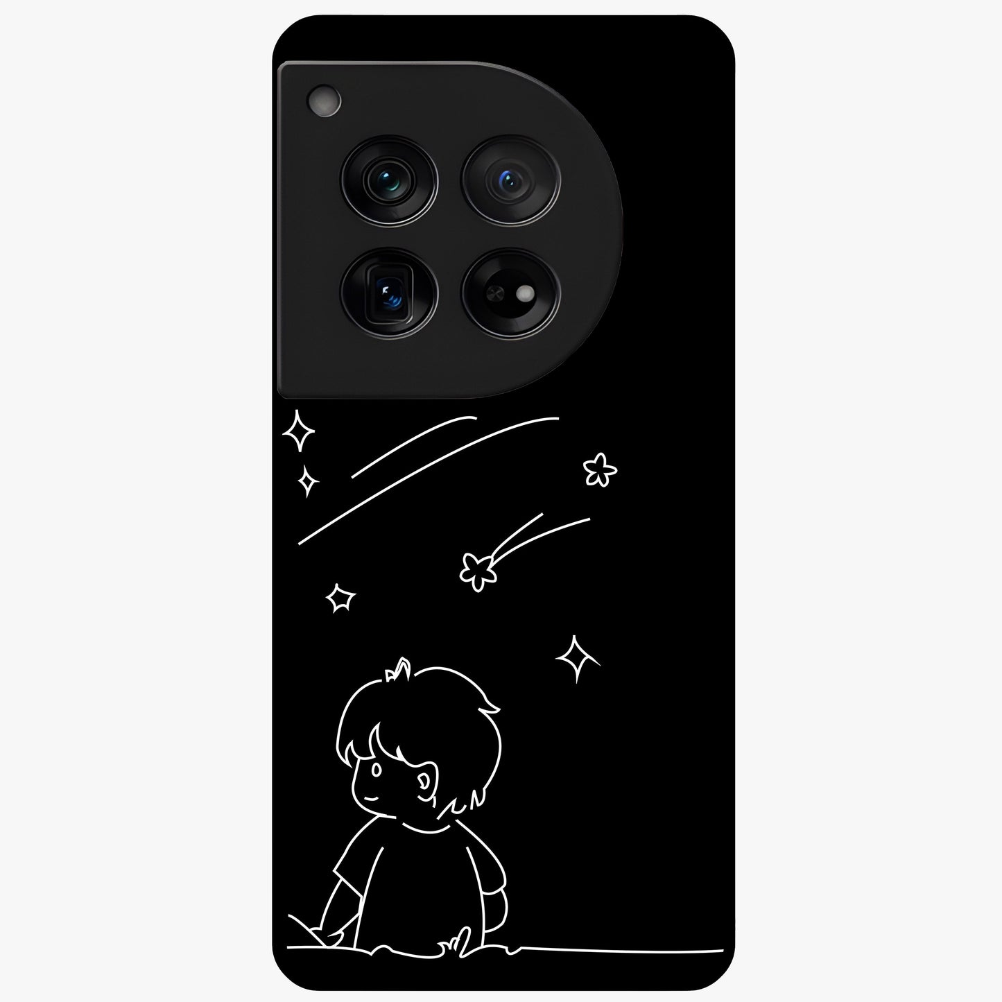 Line Art Boy With Shooting Stars Glass Case for 1+12 artistic front view featuring minimal line art character with star accents