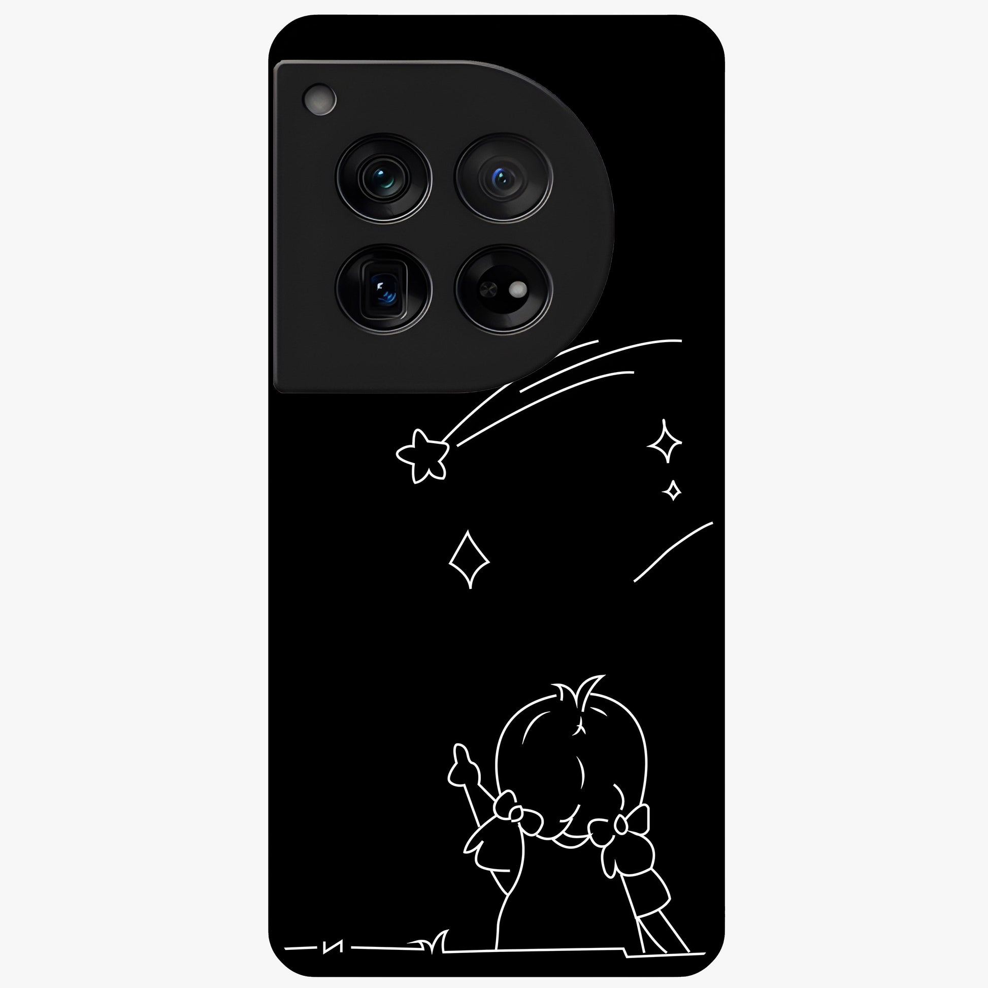 Line Art Girl With Shooting Stars Glass Case for 1+12 elegant front view featuring minimal line art character with shooting stars