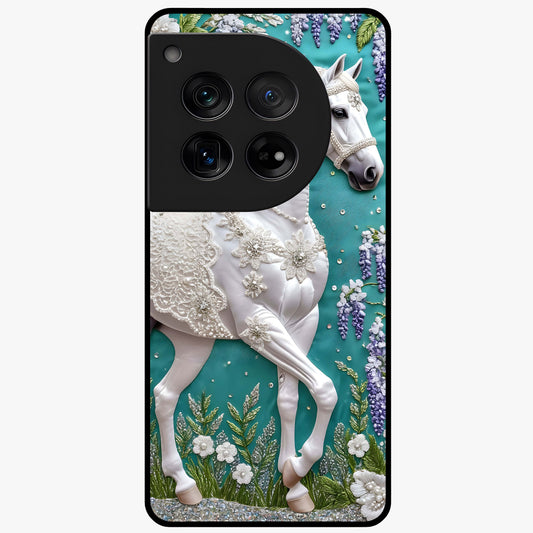 Majestic Floral Stallion Glass Case for 1+12 powerful front view featuring horse artwork blended with floral detailing