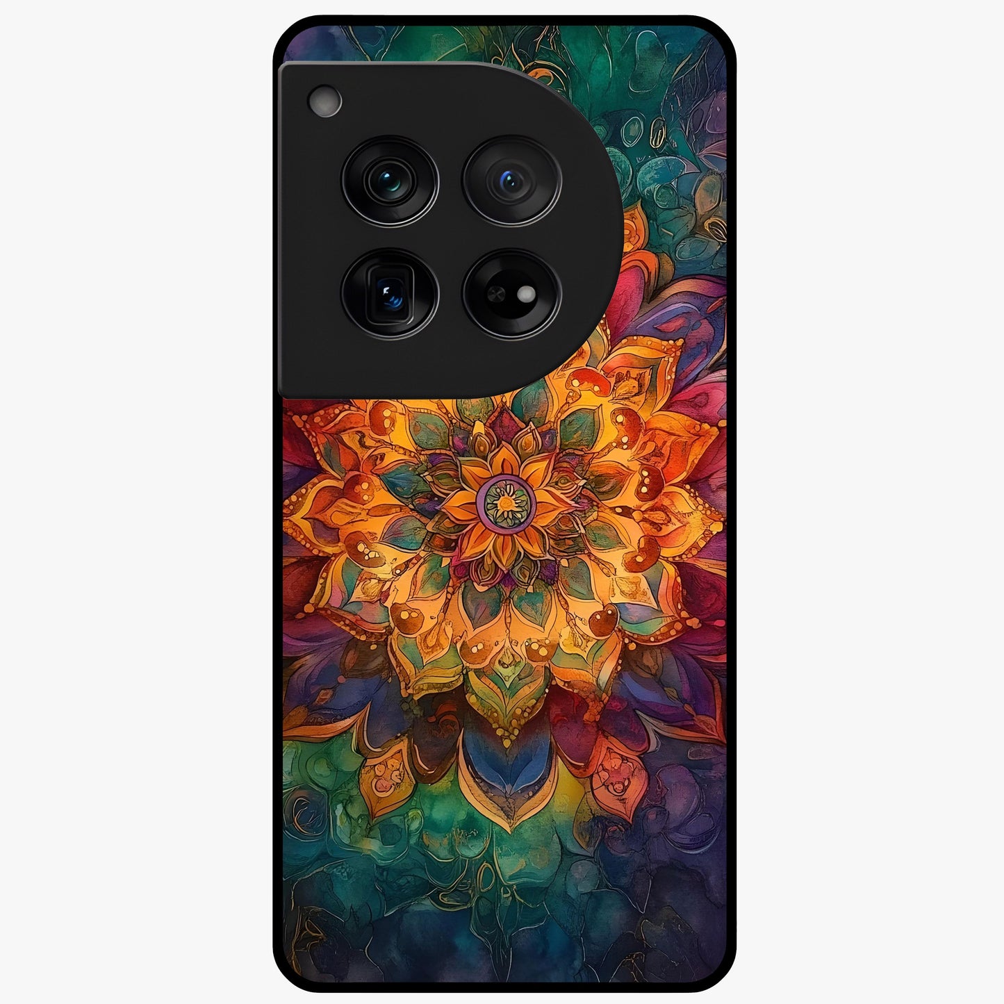 Mandala Vibrants Glass Case for 1+12 artistic front view featuring colorful mandala pattern artwork
