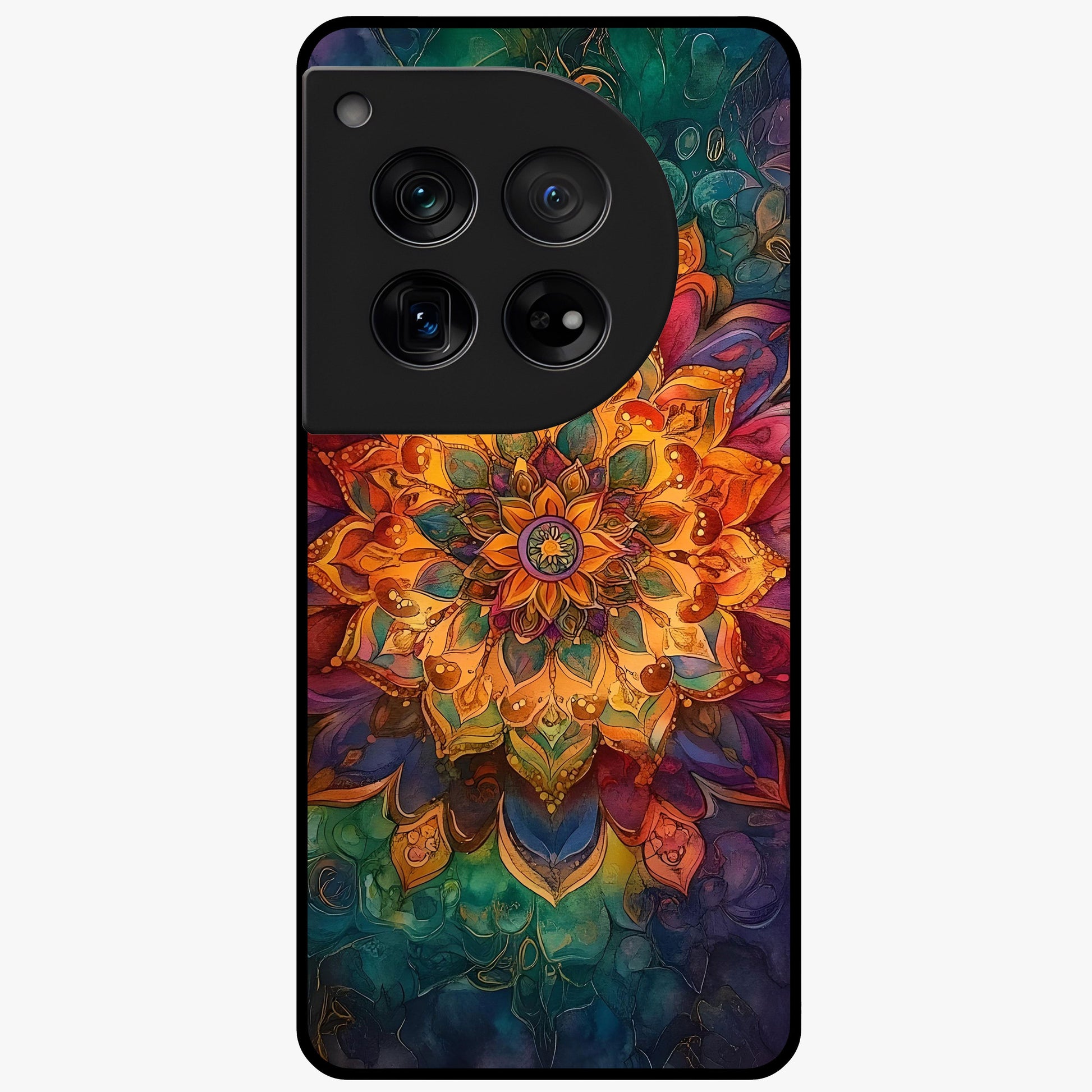 Mandala Vibrants Glass Case for 1+12 artistic front view featuring colorful mandala pattern artwork
