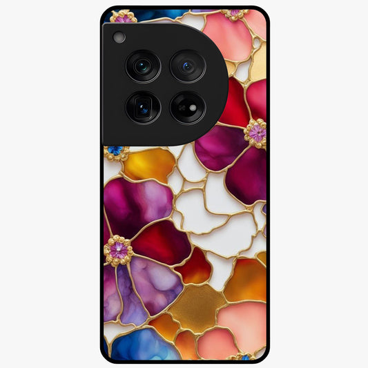 Marble Flower Pattern Glass Case for 1+12 stylish front view featuring floral artwork blended with marble texture