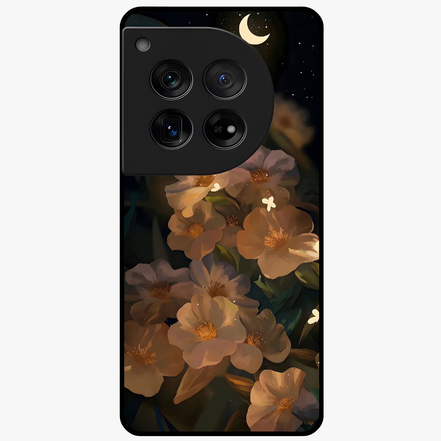 Midnight Bloom Trail Glass Case for 1+12 artistic front view featuring flowing floral trail artwork in dark tones