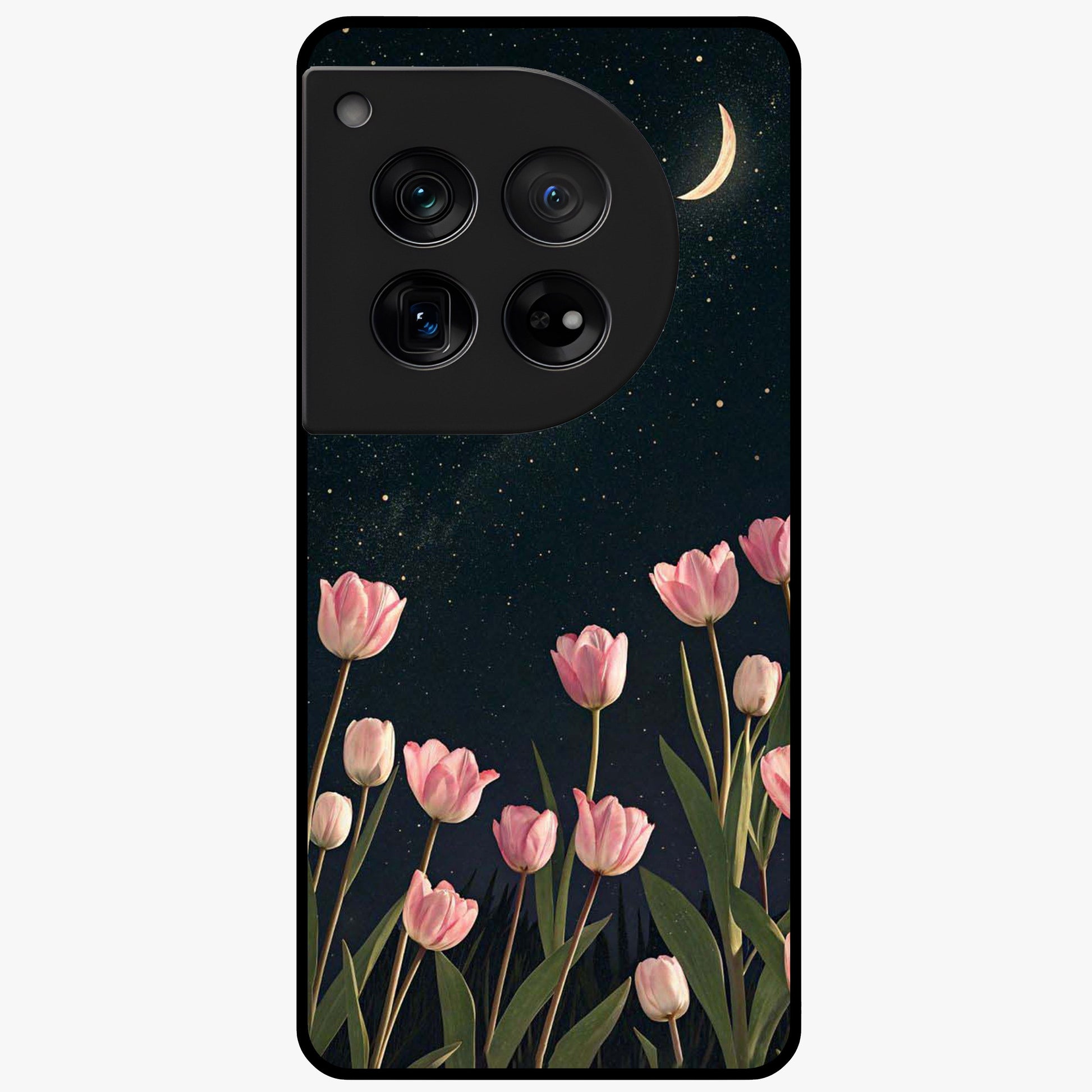 Midnight Tulip Whispers Vibe Glass Case for 1+12 elegant front view featuring tulip floral artwork on dark background