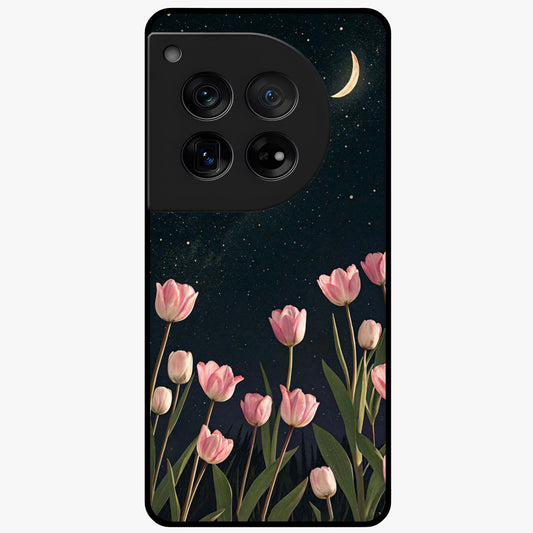 Midnight Tulip Whispers Vibe Glass Case for 1+12 elegant front view featuring tulip floral artwork on dark background