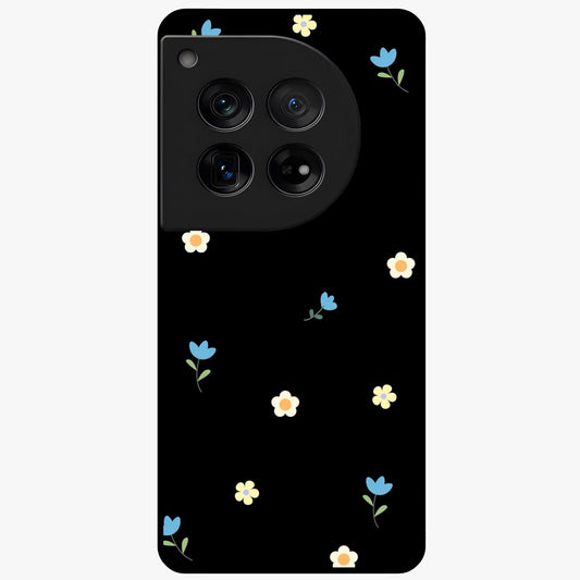 Minimalistic Blue With White Flower Pattern Glass Case for 1+12 fresh front view featuring white floral artwork on blue background