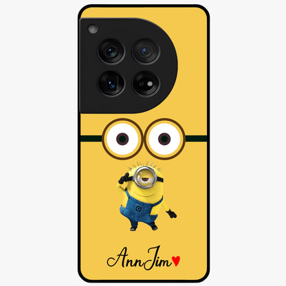Minion Custom Name Glass Case for 1+12 playful front view featuring cartoon inspired artwork with personalized name design