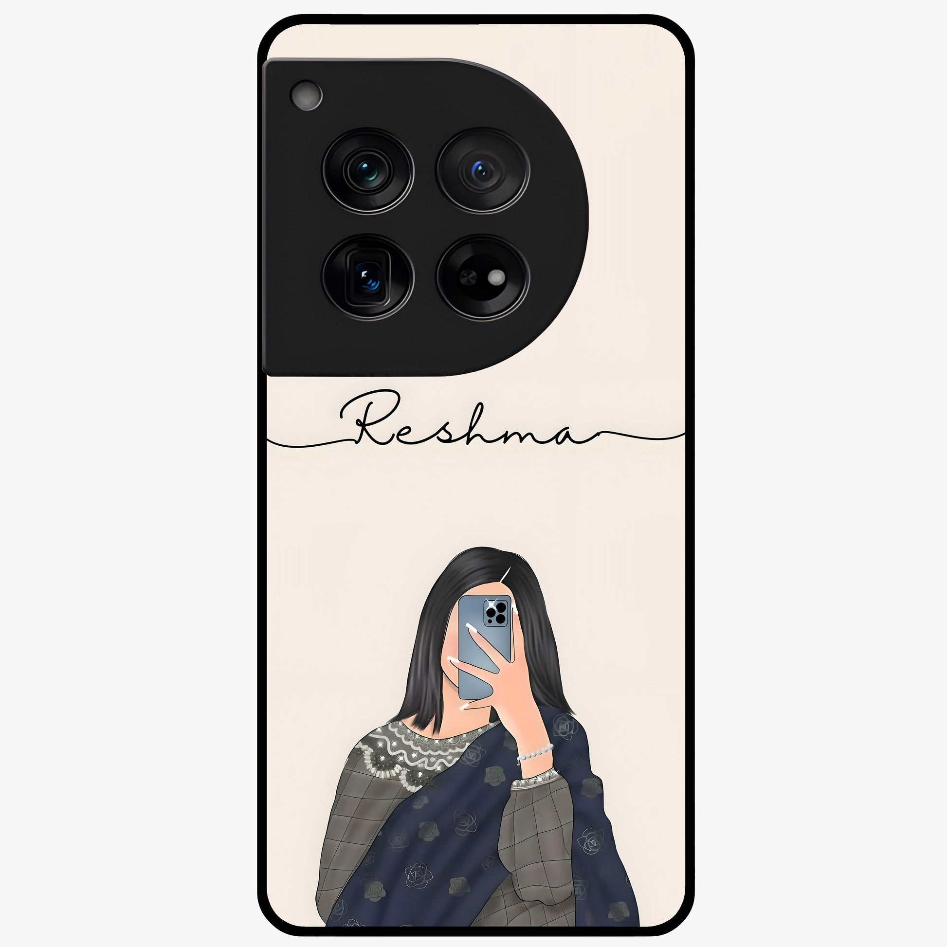Mirror Mood Muse With Custom Name Glass Case for 1+12 stylish front view featuring aesthetic artwork with personalized name detail