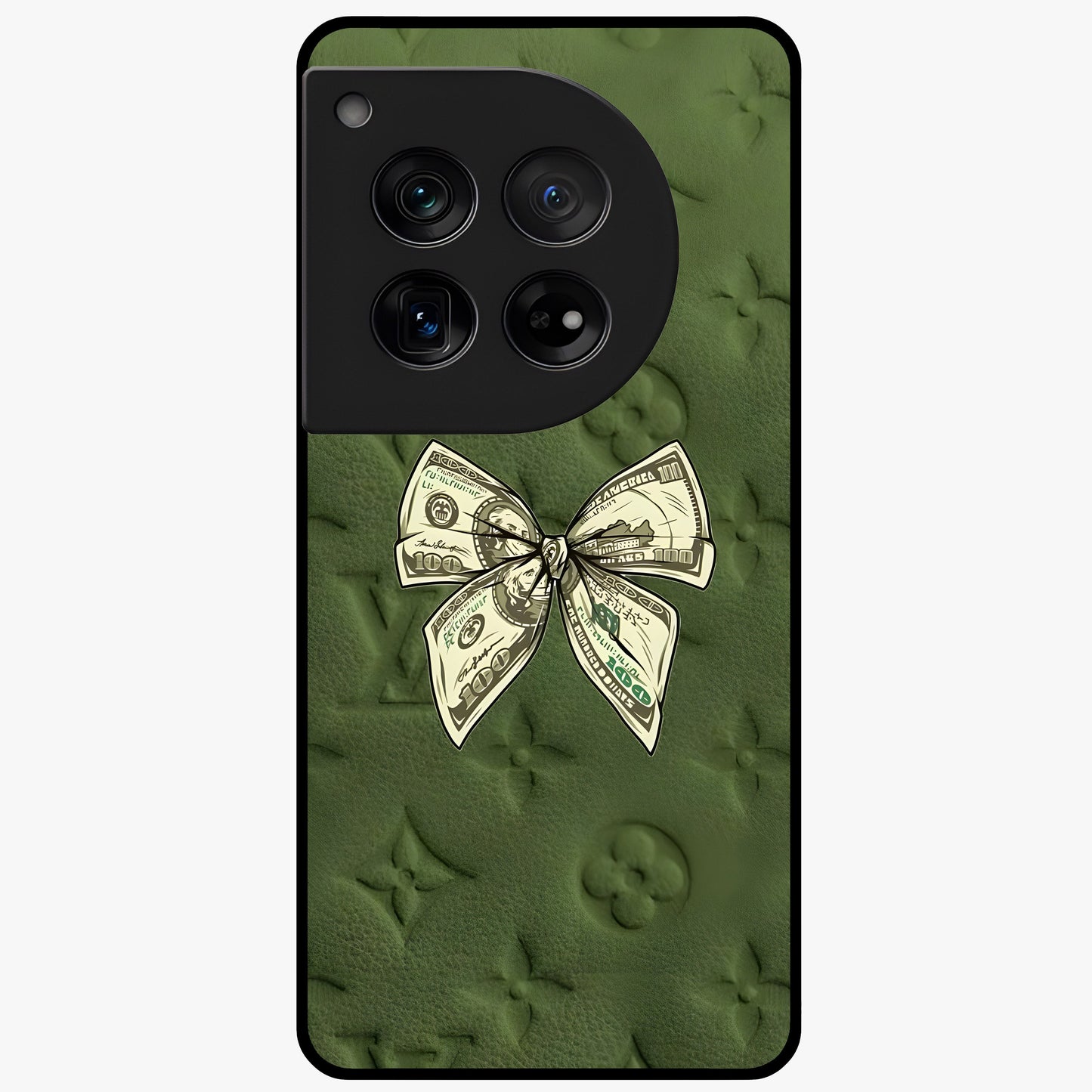 Money Bow Lv Glass Case for 1+12 luxury inspired front view featuring bold fashion themed artwork