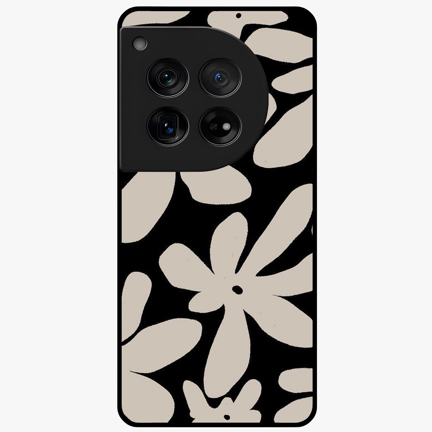 Monochrome Petal Dance Glass Case for 1+12 artistic front view featuring black and white floral artwork
