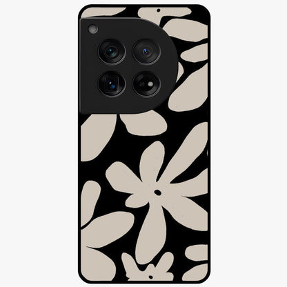 Monochrome Petal Dance Glass Case for 1+12 artistic front view featuring black and white floral artwork