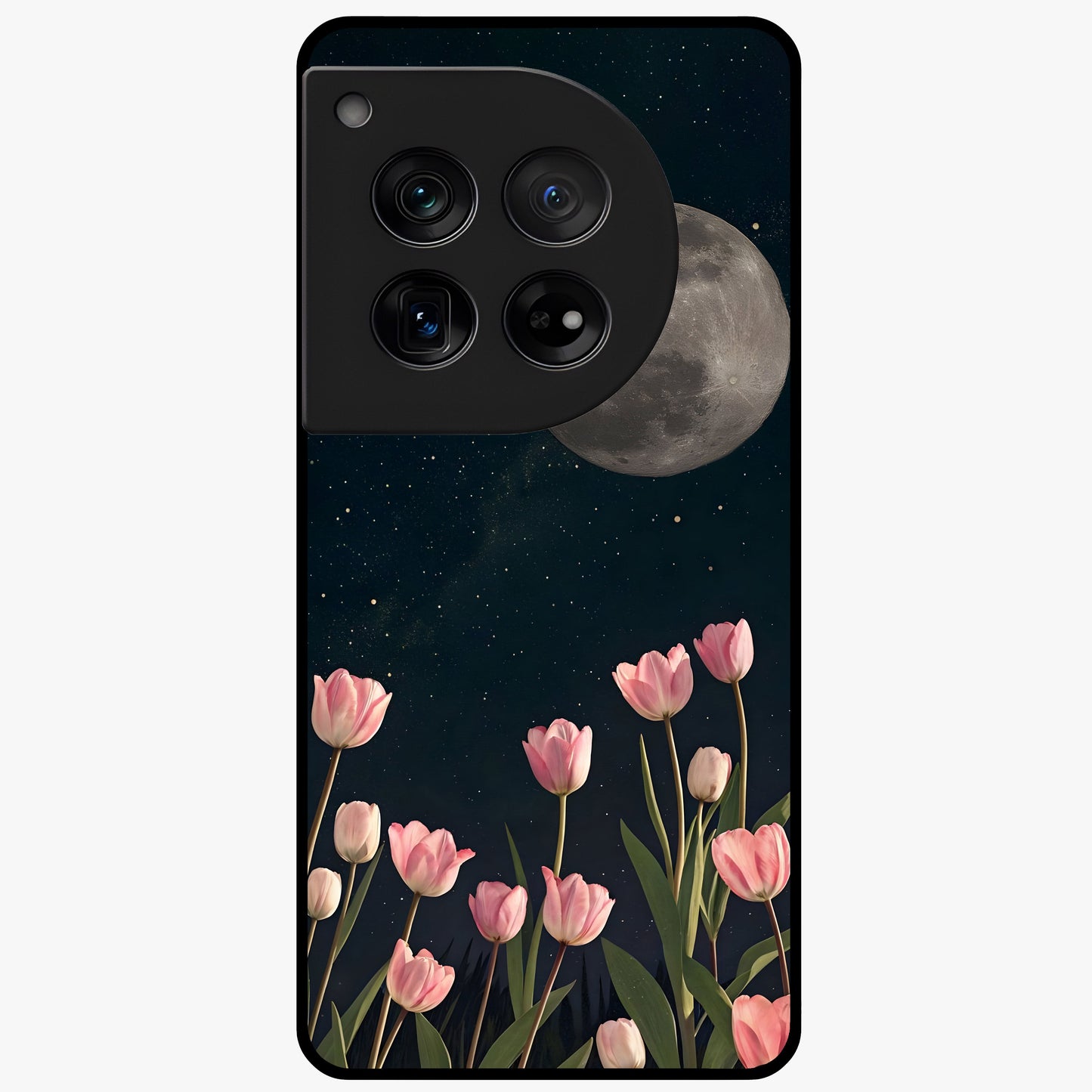 Moonlit Night Tulip Glass Case for 1+12 serene front view featuring tulip floral artwork in midnight tones