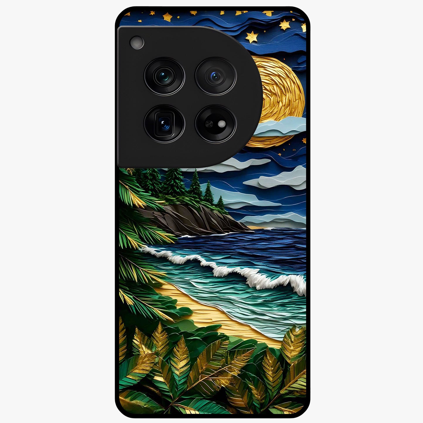 Moonlit Ocean Pines Glass Case for 1+12 scenic front view featuring pine trees by ocean under moonlit sky