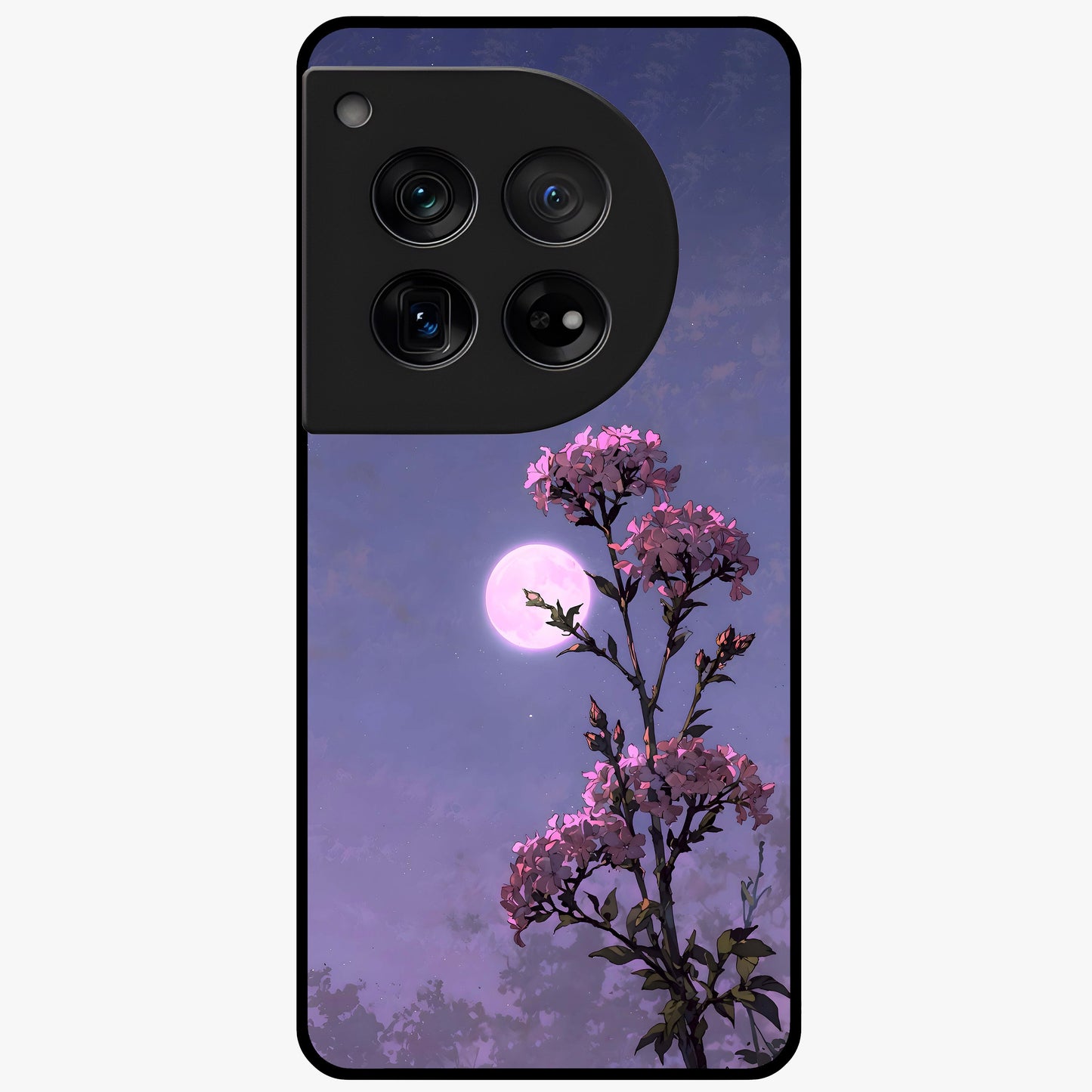 Moonlit Petal Night Glass Case for 1+12 elegant front view featuring floral artwork glowing in night tones