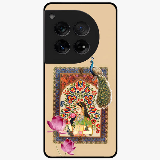 Mughal Princess and Peacock Glass Case for 1+12 royal front view featuring intricate princess and peacock artwork