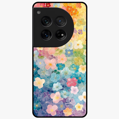 Multiple Background With Flower Glass Case for 1+12 vibrant front view featuring layered floral artwork on mixed backgrounds