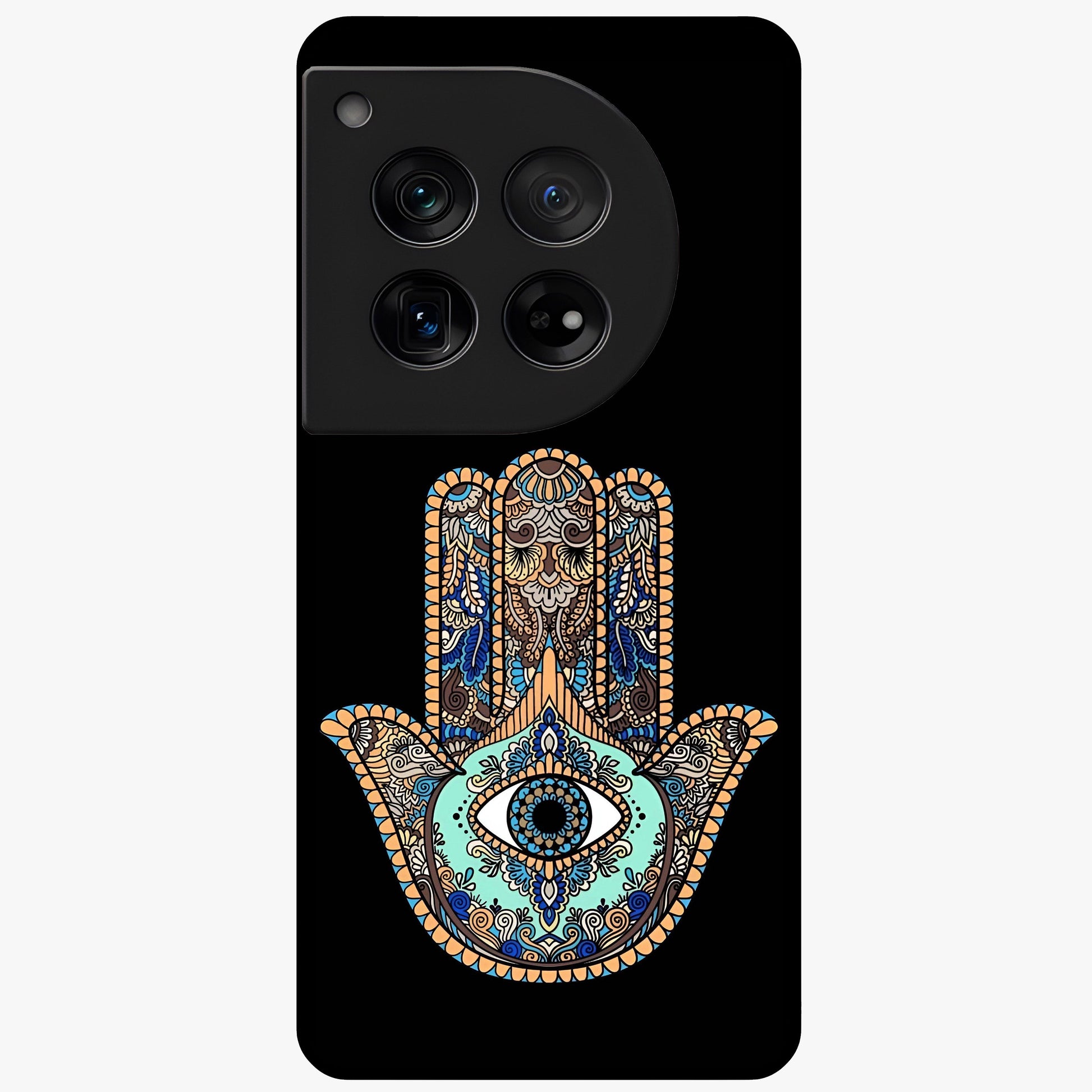 Mystic Hamsa Eye Glass Case for 1+12 symbolic front view featuring traditional hamsa eye artwork
