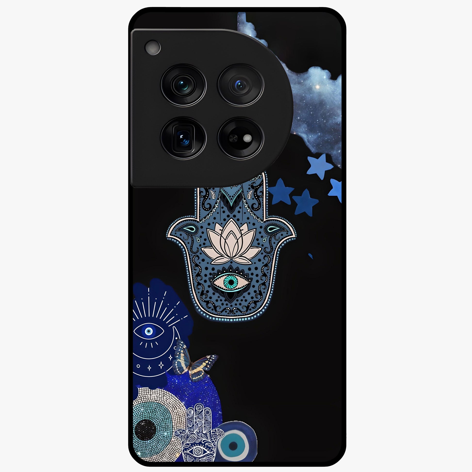 Mystic Hand Aura Glass Case for 1+12 artistic front view featuring hand symbol artwork with glowing aura tones