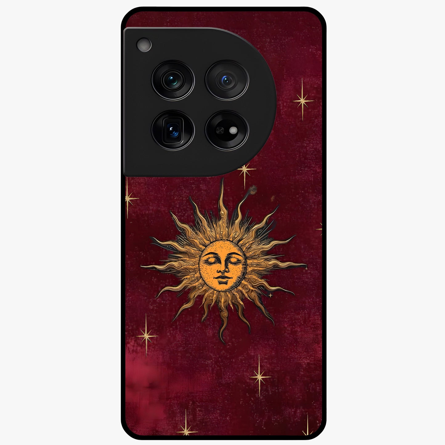 Mystic Solar Glow Glass Case for 1+12 radiant front view featuring glowing sun inspired mystical artwork
