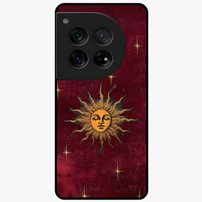 Mystic Solar Glow Glass Case for 1+12 radiant front view featuring glowing sun inspired mystical artwork