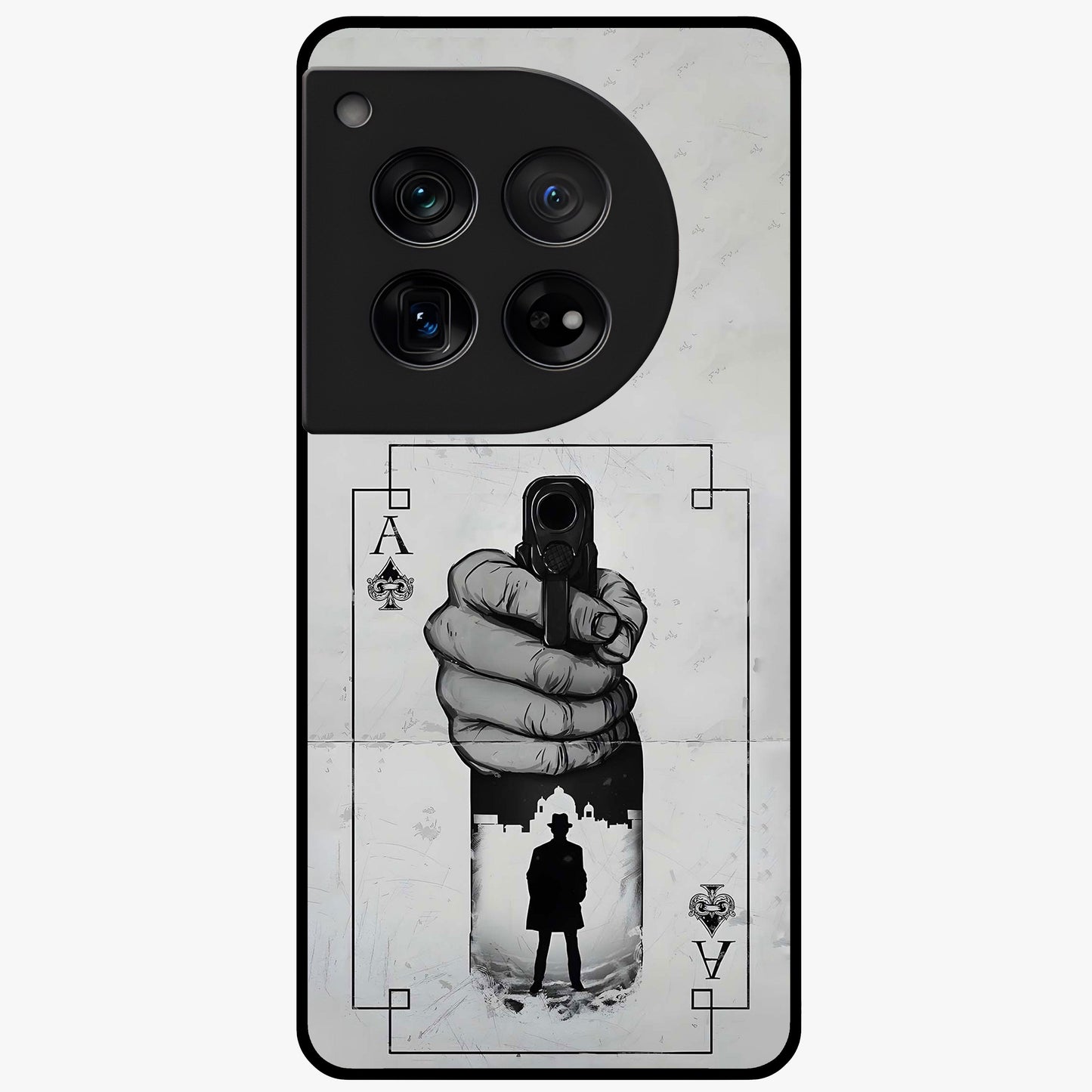 Noir Trigger Fate Glass Case for 1+12 dramatic front view featuring bold noir themed artistic artwork