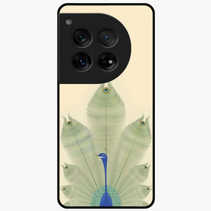 Peacock Feather Grace Glass Case for 1+12 elegant front view featuring detailed peacock feather artwork