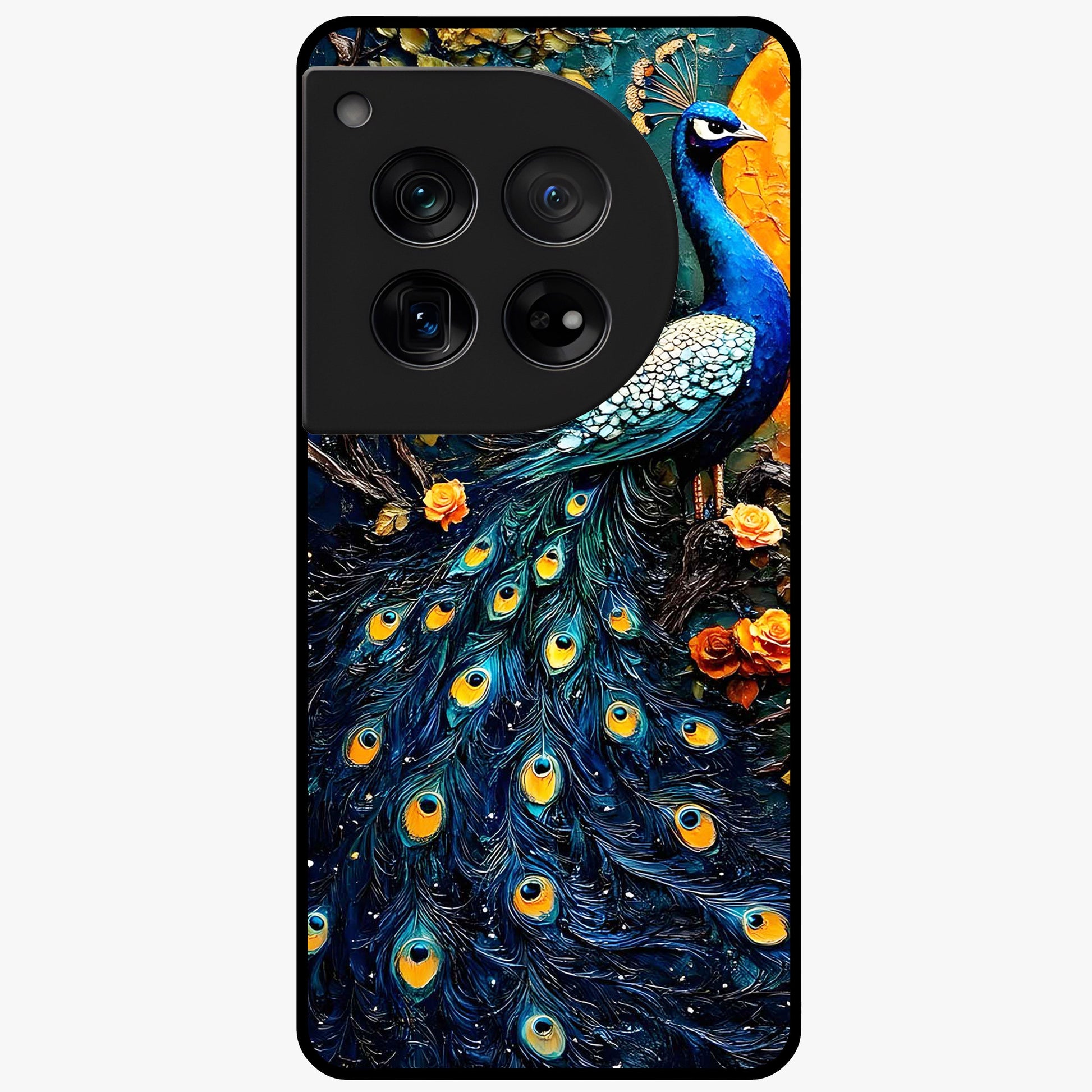 Peacock With Yellow Moon Glass Case for 1+12 striking front view featuring peacock artwork under glowing yellow moon