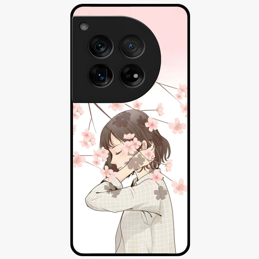 Pink Blossom Girl Glass Case for 1+12 charming front view featuring illustrated girl with pink blossom artwork