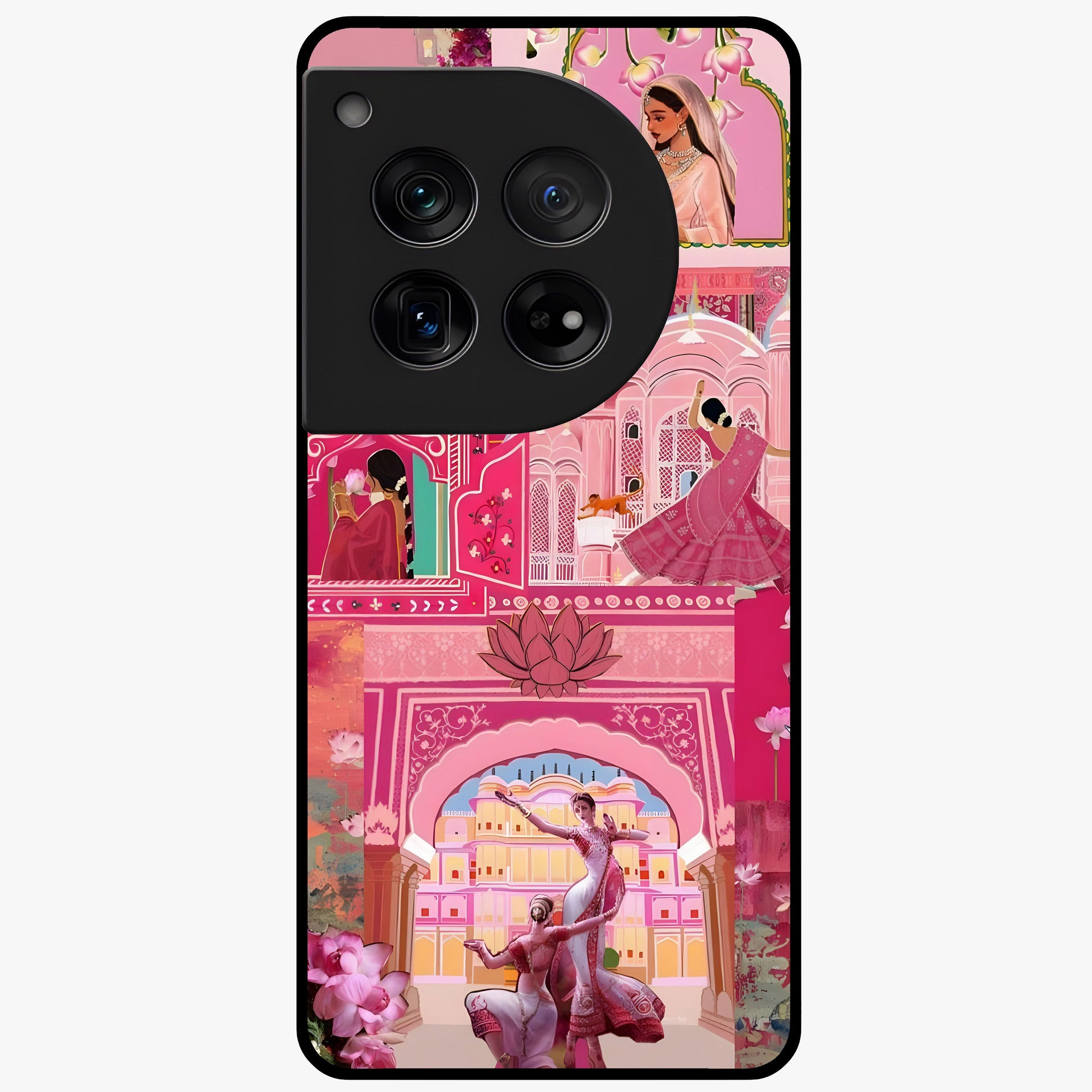 Pink Palace Muse Glass Case for 1+12 elegant front view featuring palace inspired artwork in soft pink hues