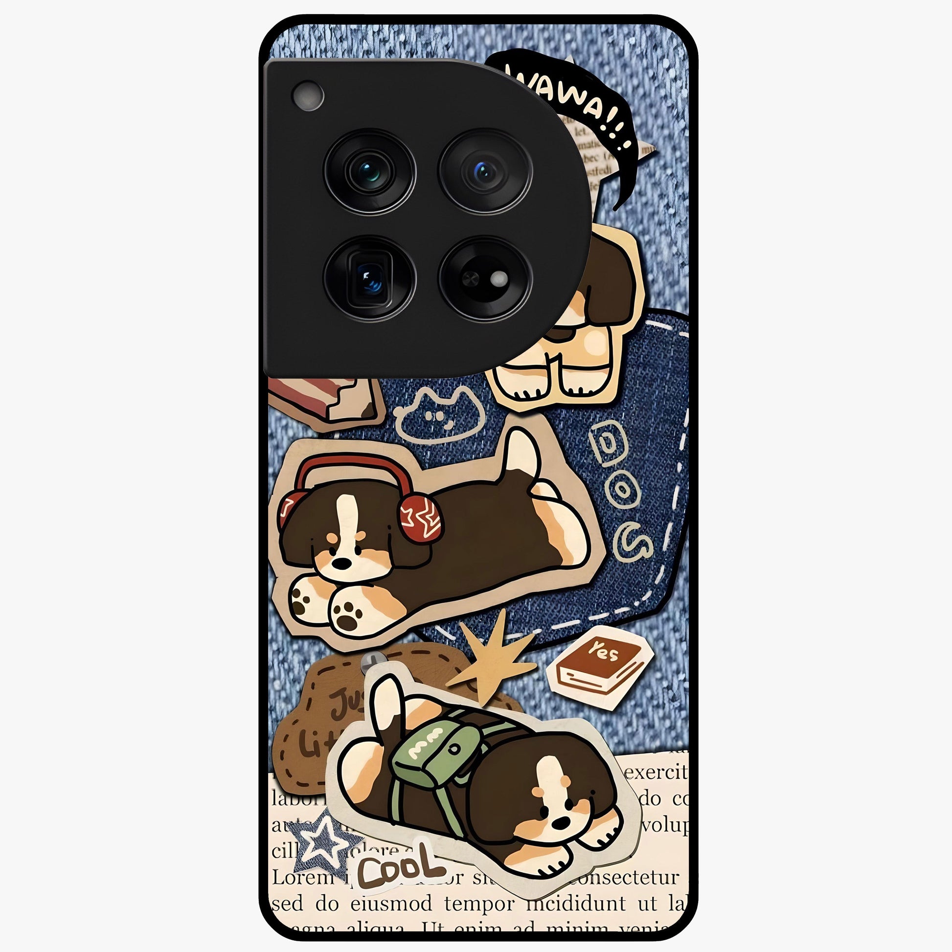 Puppy Sticker Parade Glass Case for 1+12 playful front view featuring multiple puppy sticker style artwork