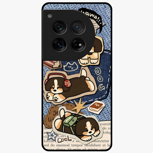 Puppy Sticker Parade Glass Case for 1+12 playful front view featuring multiple puppy sticker style artwork