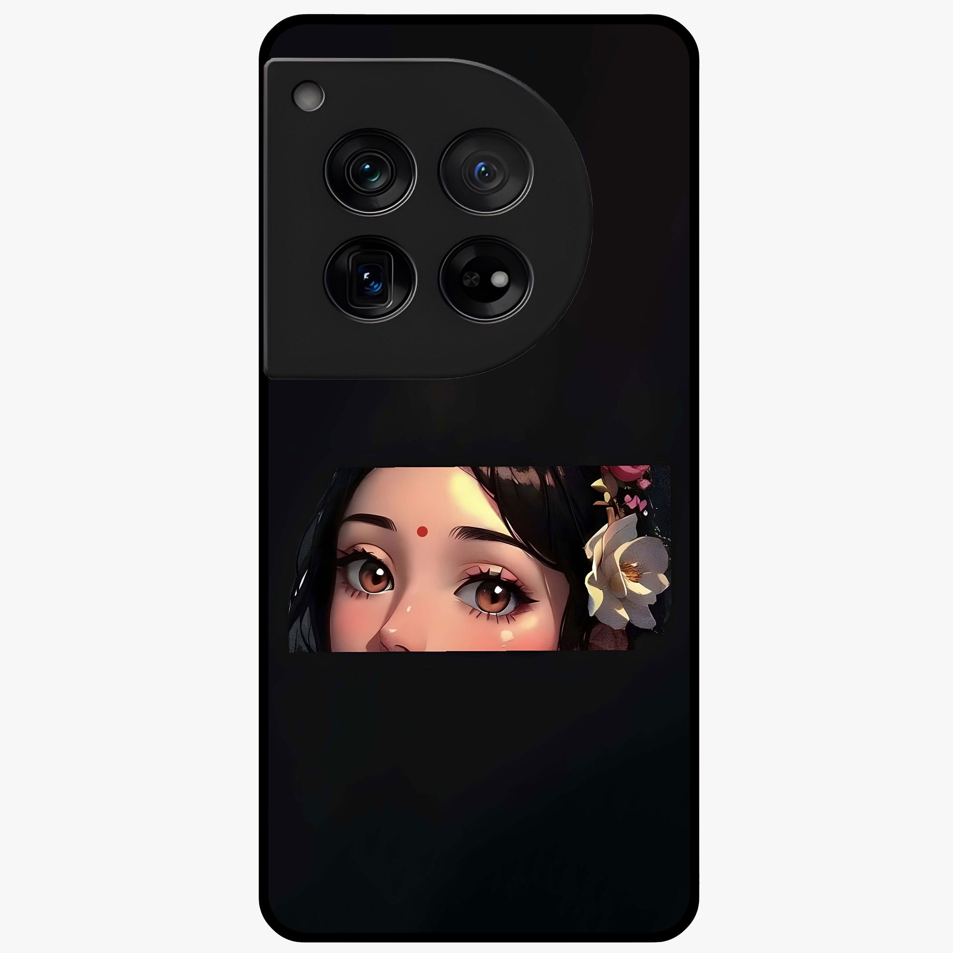 Radha Divine Embrace Glass Case for 1+12 devotional front view featuring graceful Radha inspired artwork
