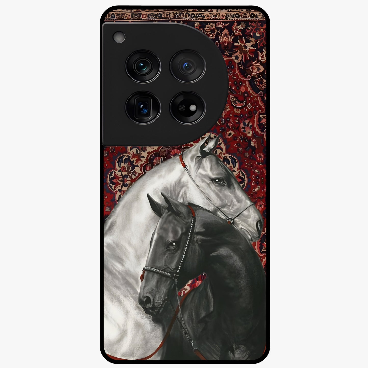 Regal Stallion Tapestry Glass Case for 1+12 powerful front view featuring majestic horse artwork with tapestry style detailing
