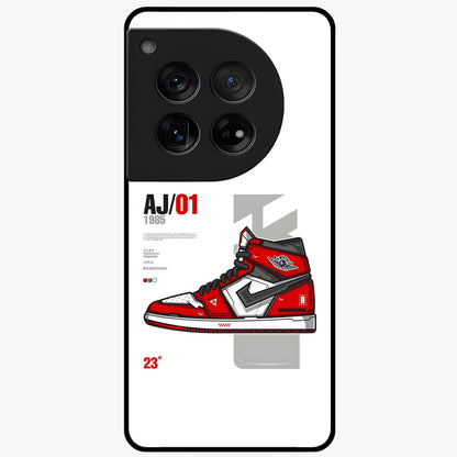 Retro Sneaker Blueprint Glass Case for 1+12 bold front view featuring sneaker blueprint style artwork