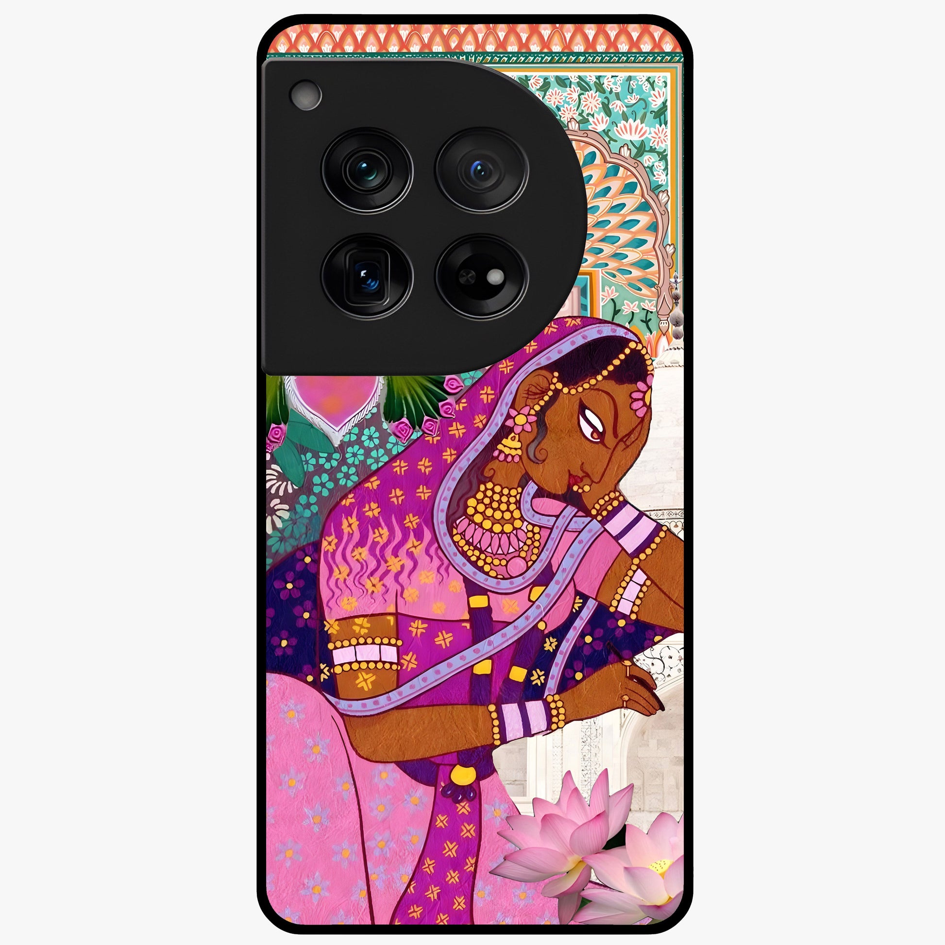 Royal Lotus Muse Glass Case for 1+12 graceful front view featuring lotus artwork with regal detailing
