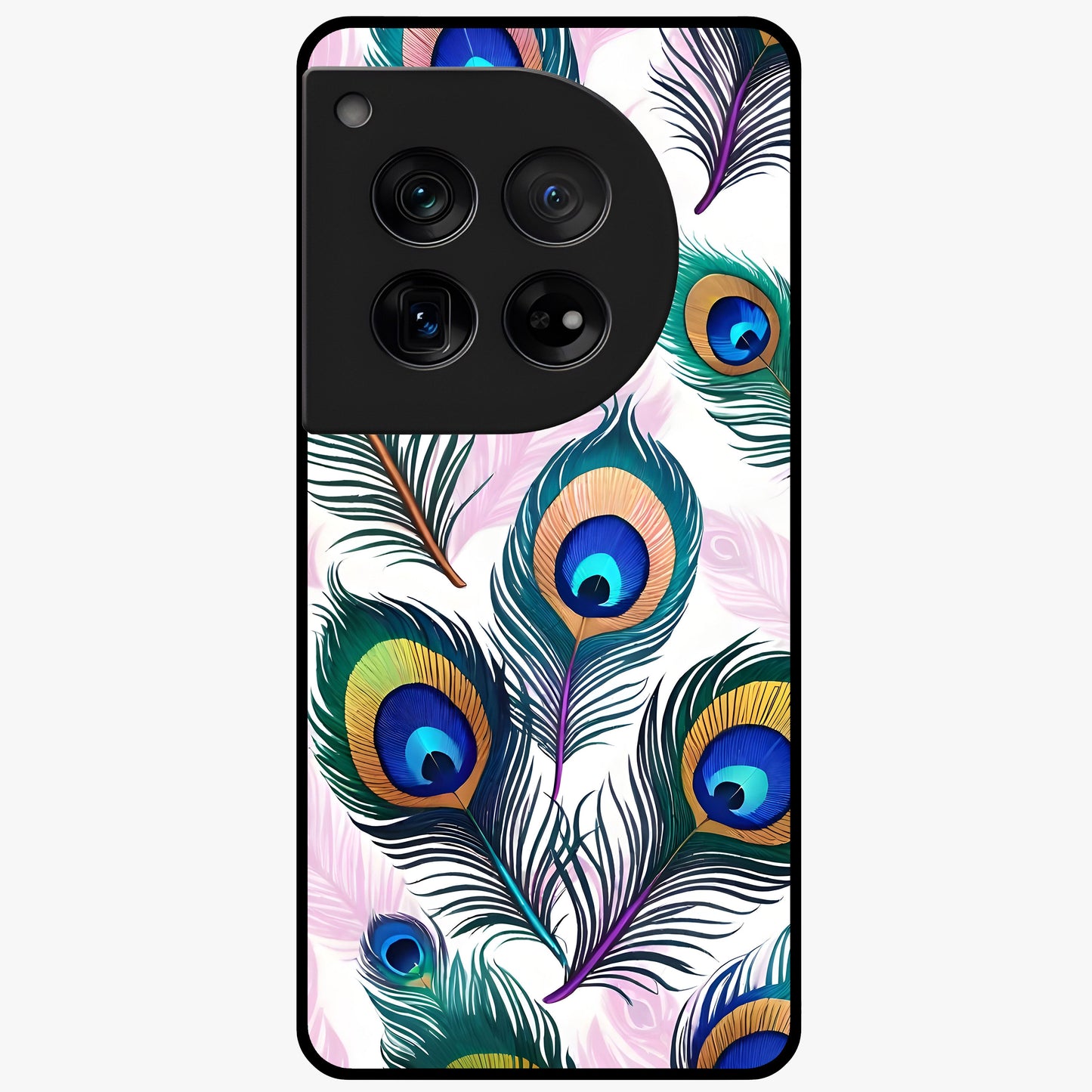 Royal Peacock Feathers Glass Case for 1+12 vibrant front view featuring detailed peacock feather artwork