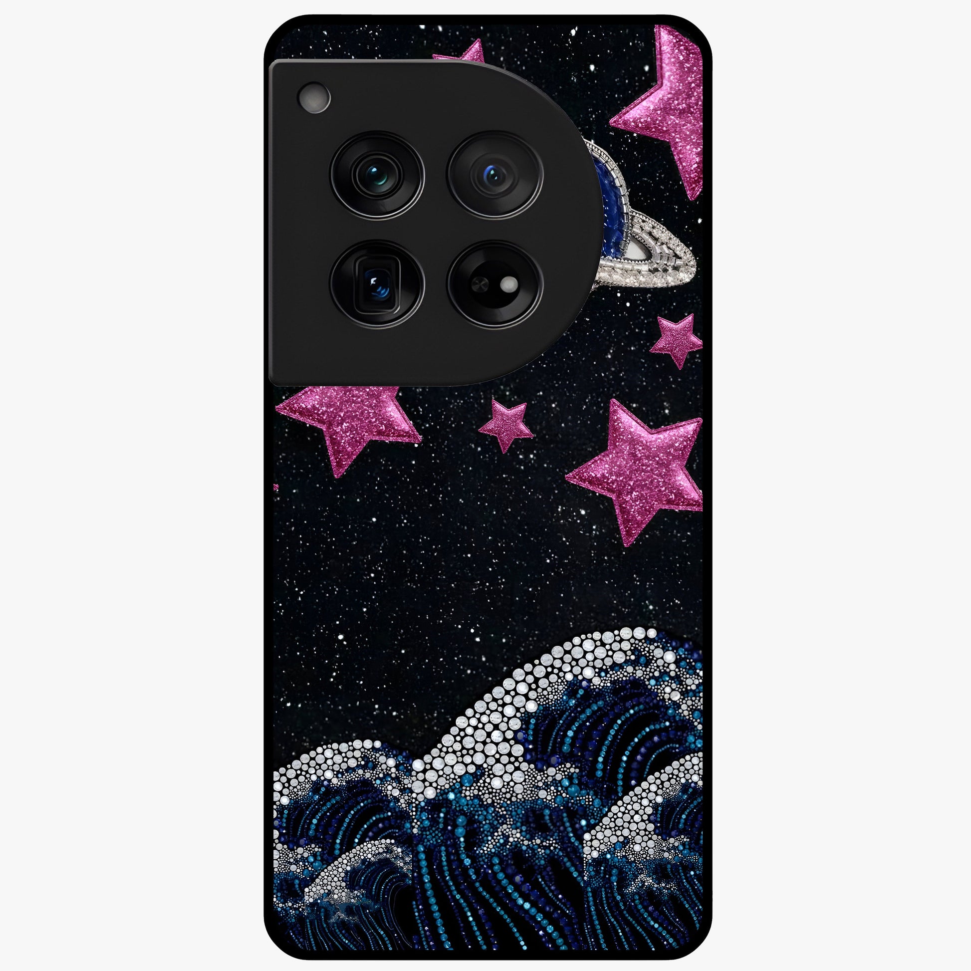 Saturn Pink Storm Glass Case for 1+12 bold front view featuring cosmic Saturn artwork in vibrant pink tones