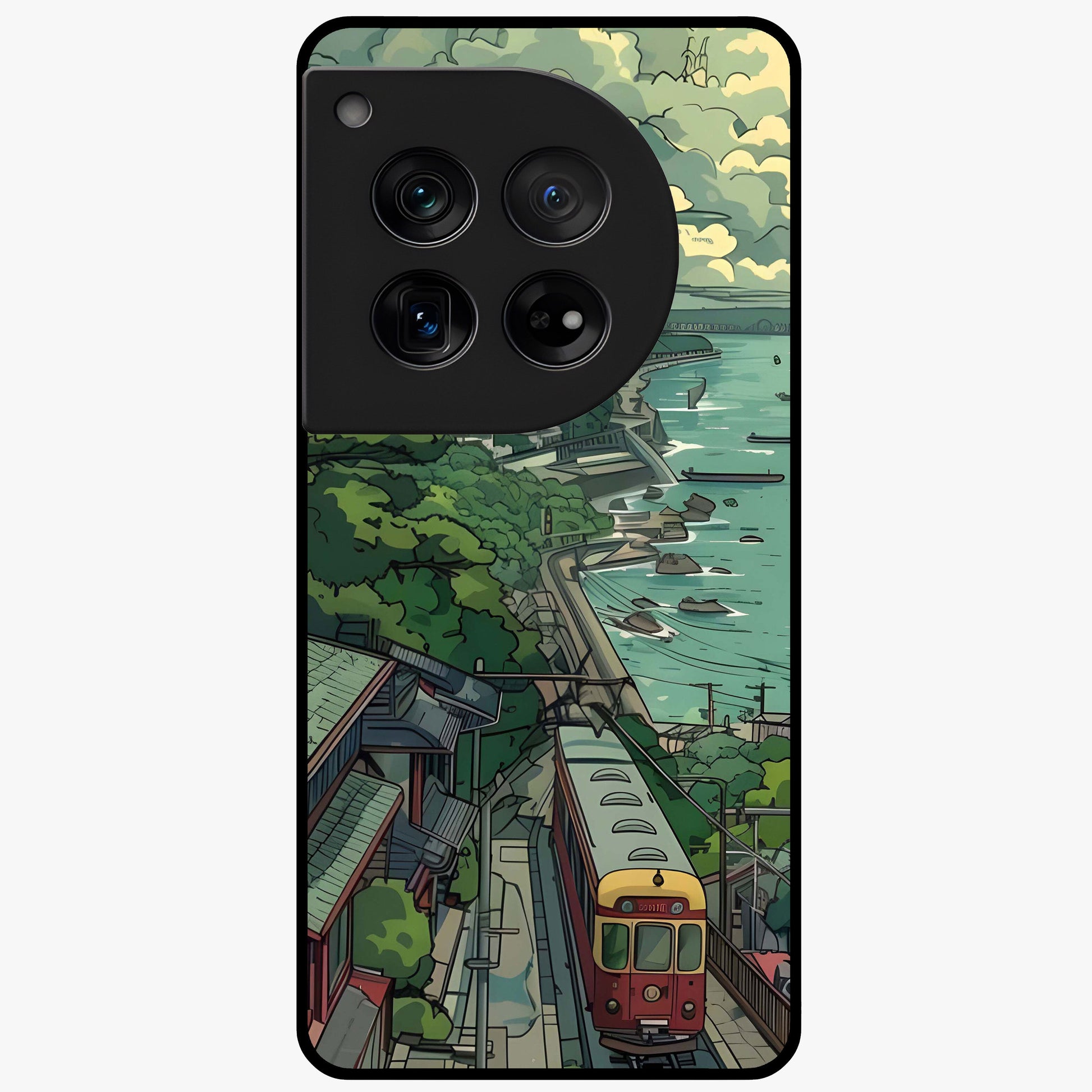 Seaside Train Ride Glass Case for 1+12 scenic front view featuring coastal train landscape artwork