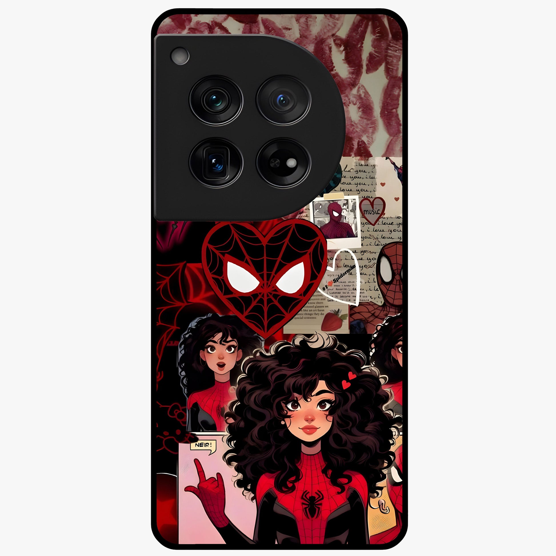 Spider Love Story Glass Case for 1+12 bold front view featuring superhero inspired romantic artwork