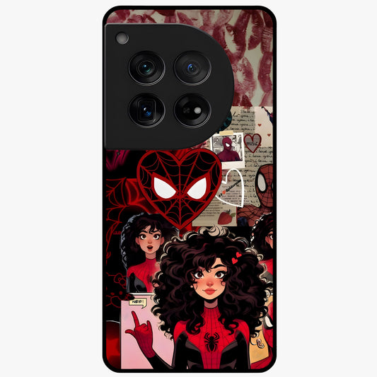Spider Love Story Glass Case for 1+12 bold front view featuring superhero inspired romantic artwork