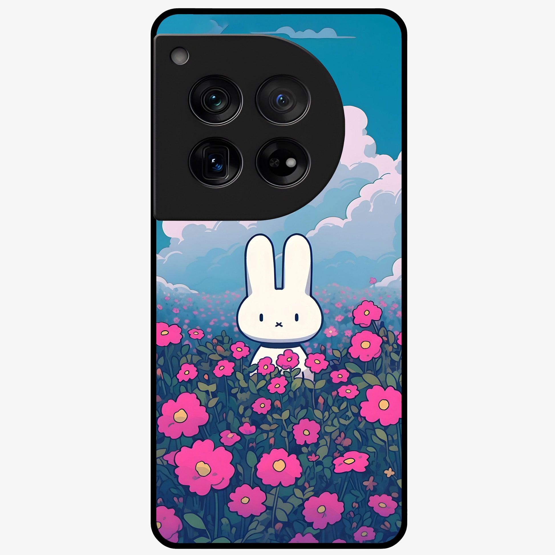 Springtime Blossom Bunny Glass Case for 1+12 adorable front view featuring bunny artwork with spring floral accents
