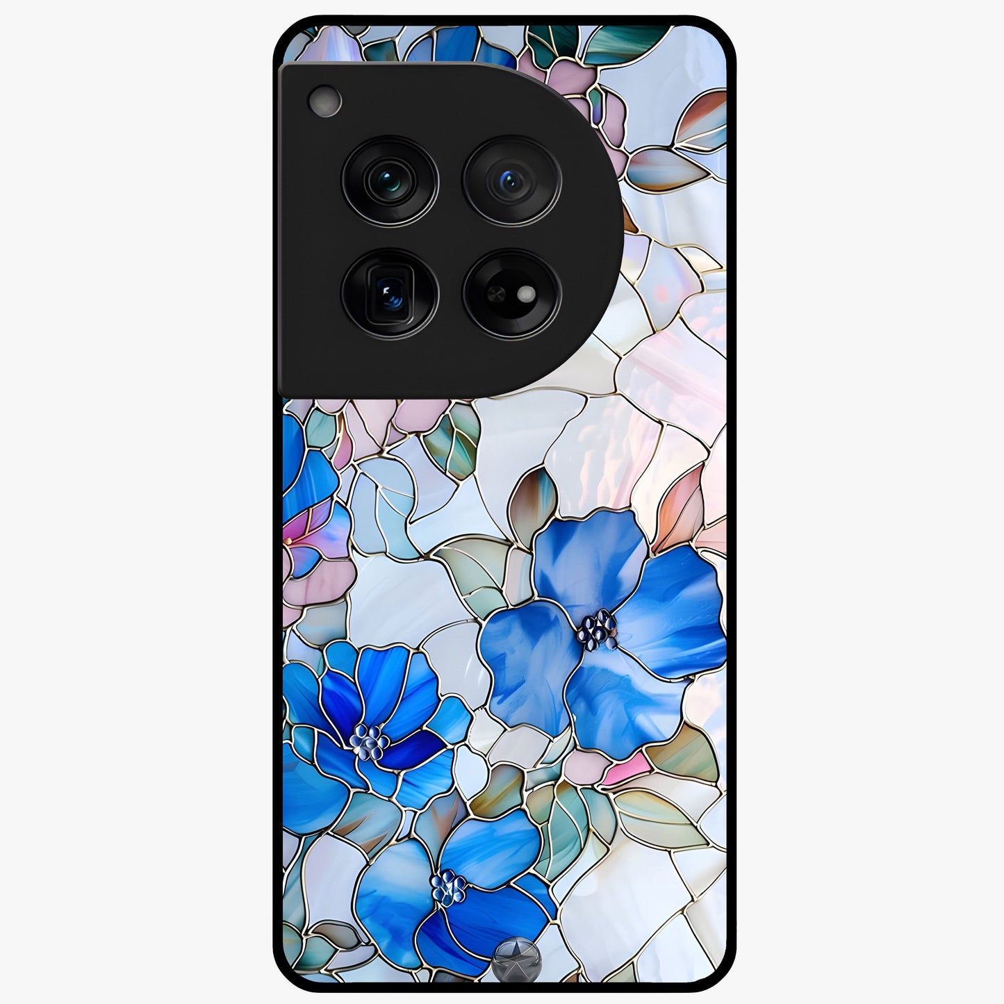 Stained Blue Floral Glass Case for 1+12 elegant front view featuring blue stained glass inspired floral artwork