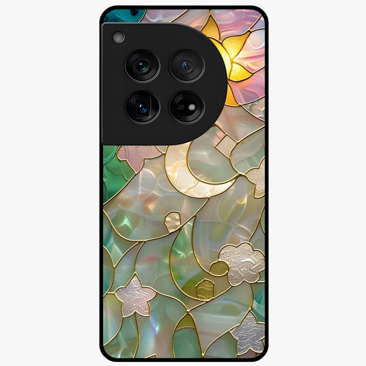 Stained Sunrise Glow Glass Case for 1+12 radiant front view featuring sunrise inspired stained glass artwork