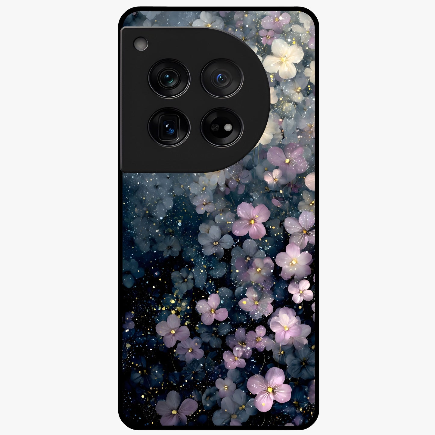 Starlit Blossom Dreams Glass Case for 1+12 dreamy front view featuring floral artwork under sparkling night sky