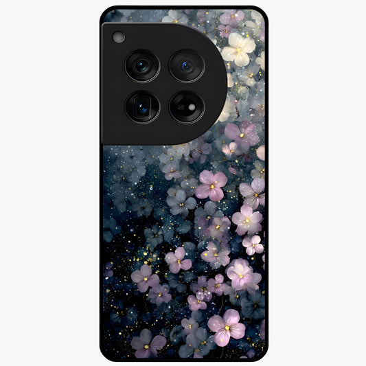 Starlit Blossom Dreams Glass Case for 1+12 dreamy front view featuring floral artwork under sparkling night sky