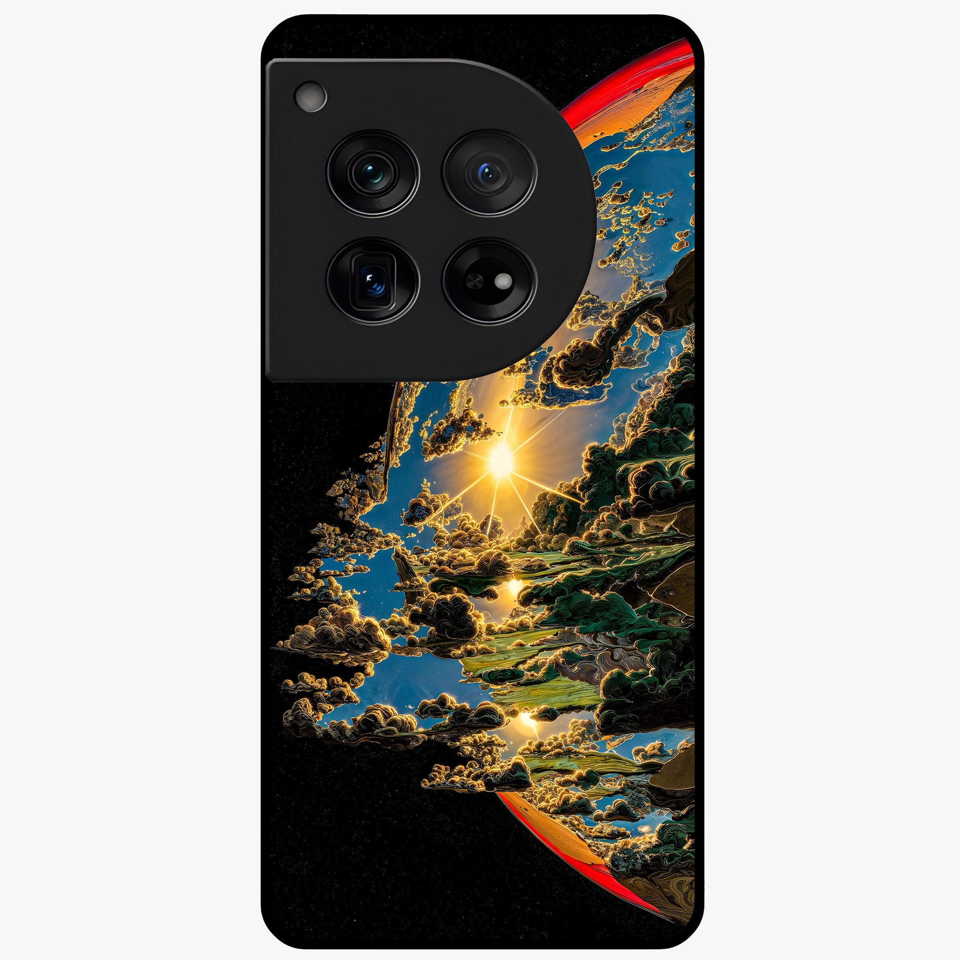 Sunrise Bursting Glass Case for 1+12 radiant front view featuring vibrant sunrise inspired artwork