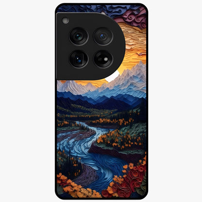 Sunrise River Dreams Glass Case for 1+12 scenic front view featuring river landscape under glowing sunrise sky