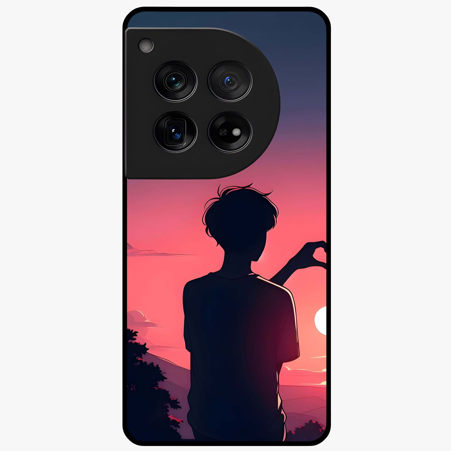 Sunset Silhouette Girl Glass Case for 1+12 aesthetic front view featuring girl silhouette under glowing sunset sky